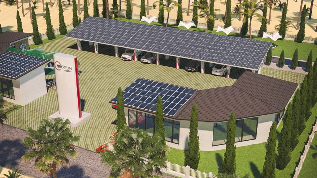 NEOSUN Energy 60 kWp solar station for 6 cars charging with 60 kW per hour capacity Li-Ion batteries